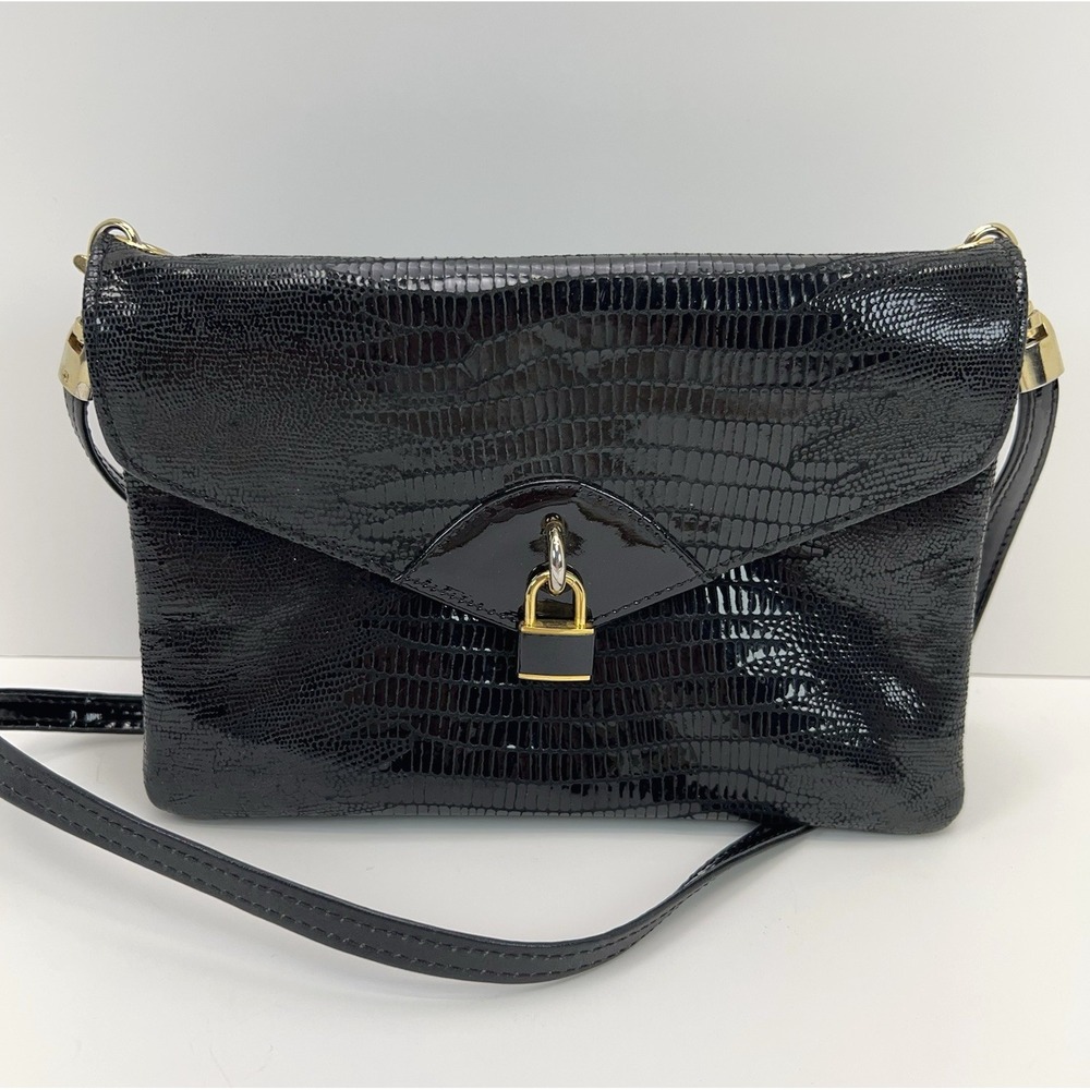 Vtg DUE FRATELLI Leather Purse Black Croc Embossed Crossbody Clutch Bag Classic